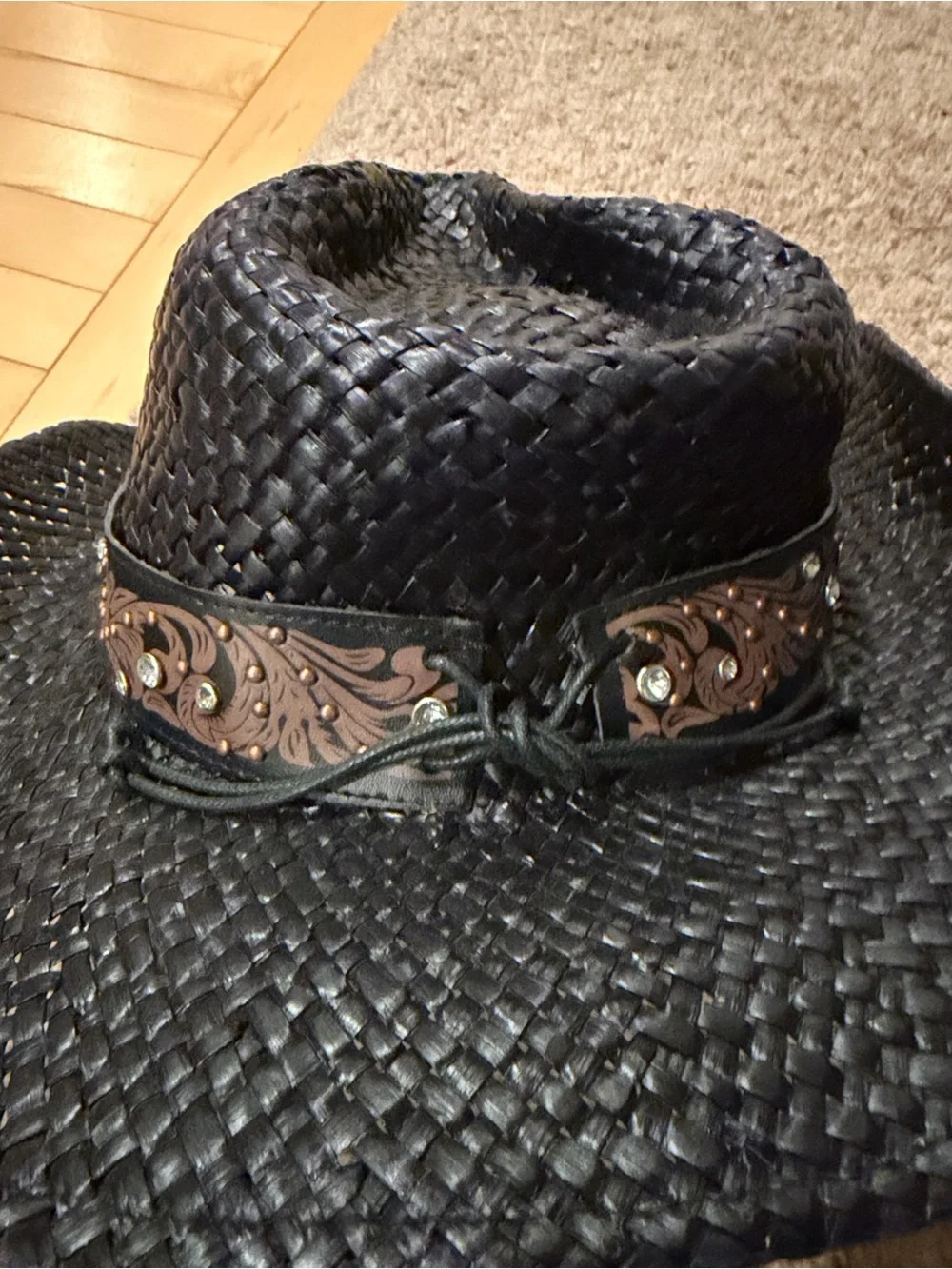 Peter Grimm Black Woven Straw Western Hat with Decorative Brown Band